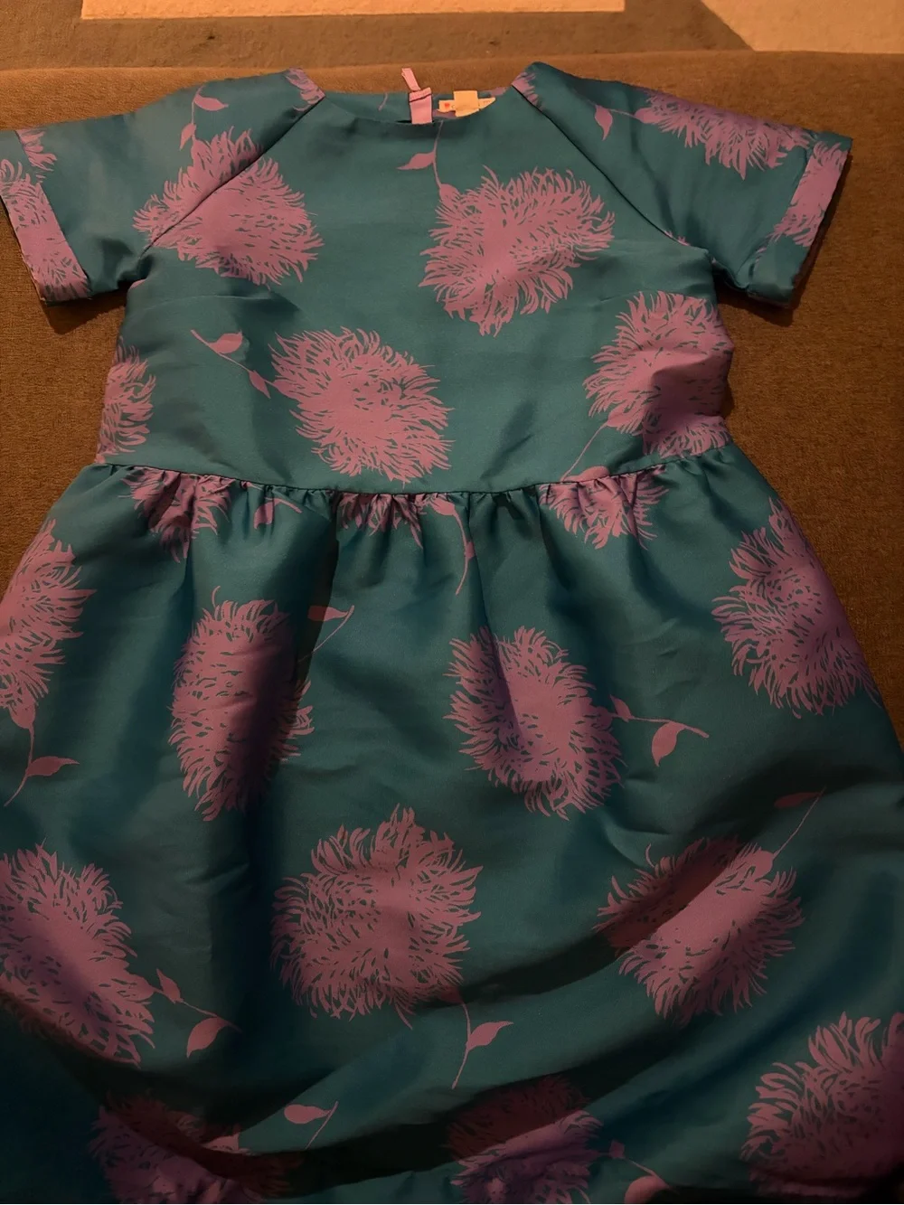 Crewcuts Teal Satin Dress with Pink Floral Motif